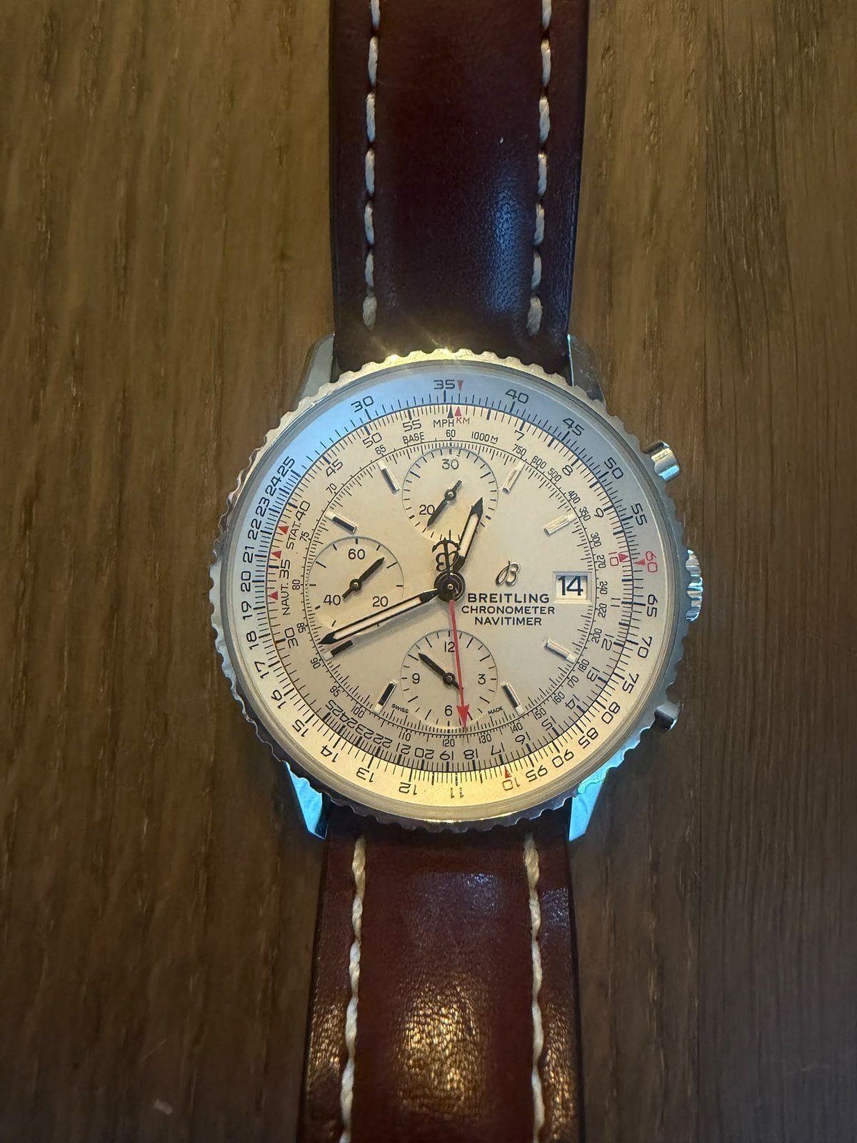 Breitling Navitimer Chronograph 41 — top-down view of the cream dial showing the chronograph subdials and Breitling Chronometer Navitimer text